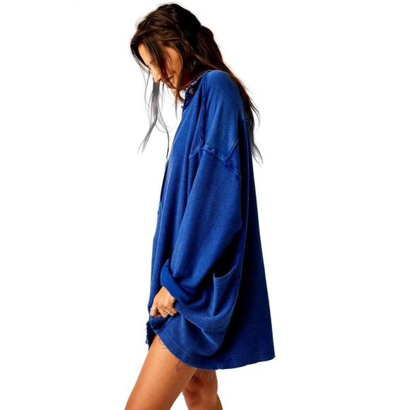 NEW FREE PEOPLE willow polo top in rinsed cobalt - Picture 2 of 5